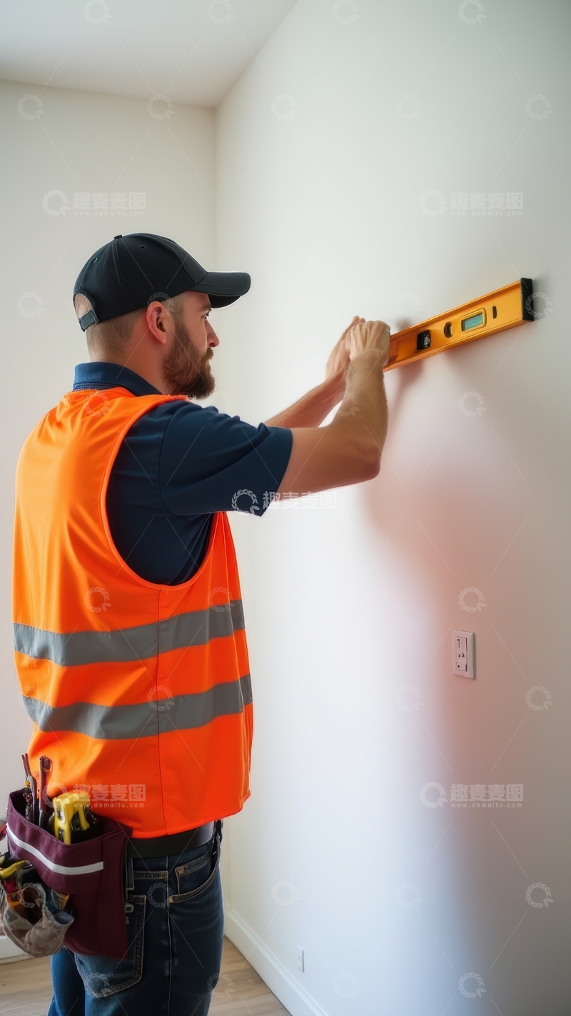 高清大图下载【趣麦麦图】工人用水平仪确保墙面施工水平