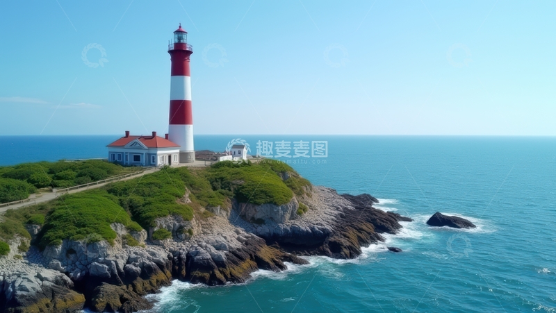 高清大图下载【趣麦麦图】晴朗海岛边的红白相间灯塔