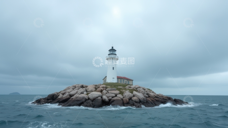 高清大图下载【趣麦麦图】阴天孤岛上的白色静谧灯塔