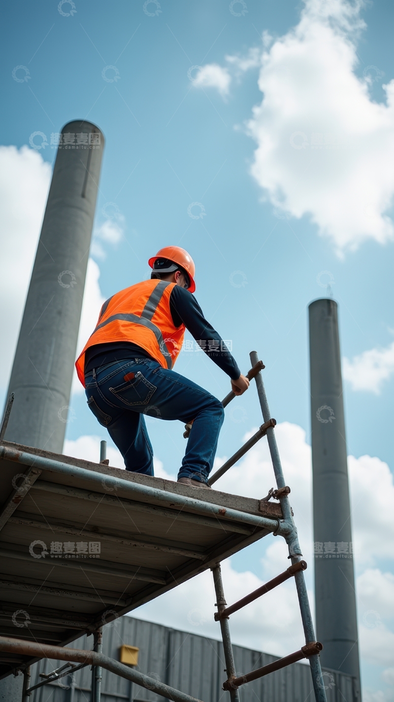 高清大图下载【趣麦麦图】橙帽工人在脚手架上施工操作