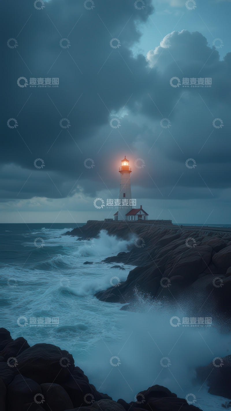 高清大图下载【趣麦麦图】暴风雨中亮灯的海岸灯塔
