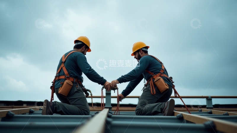 高清大图下载【趣麦麦图】两位工人屋顶协同紧固部件作业