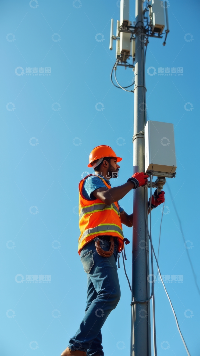 高清大图下载【趣麦麦图】工人攀爬通信杆安装设备部件