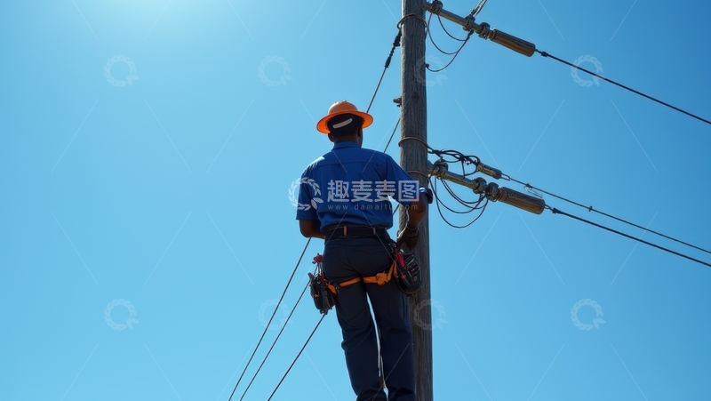 高清大图下载【趣麦麦图】橙帽工人电线杆上维护电力线路