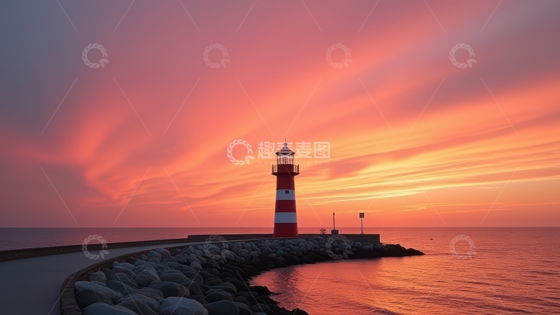 高清大图下载【趣麦麦图】绚烂晚霞中的红白条纹灯塔