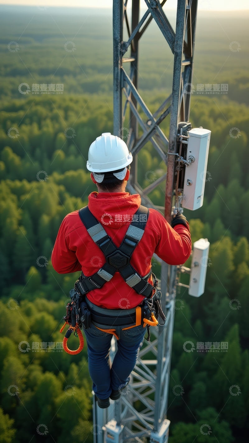 高清大图下载【趣麦麦图】红衣工人铁塔上安装设备