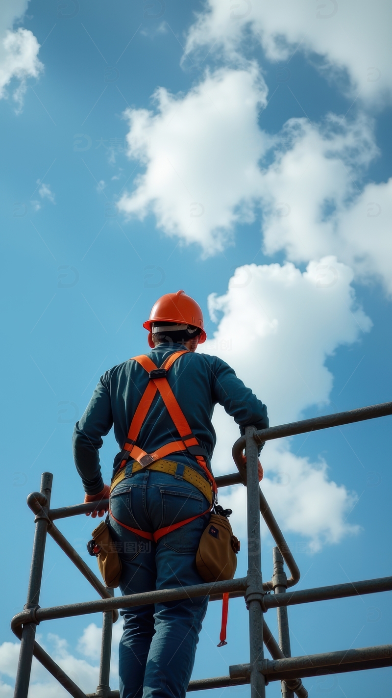 工人在高空金属架上检查设备