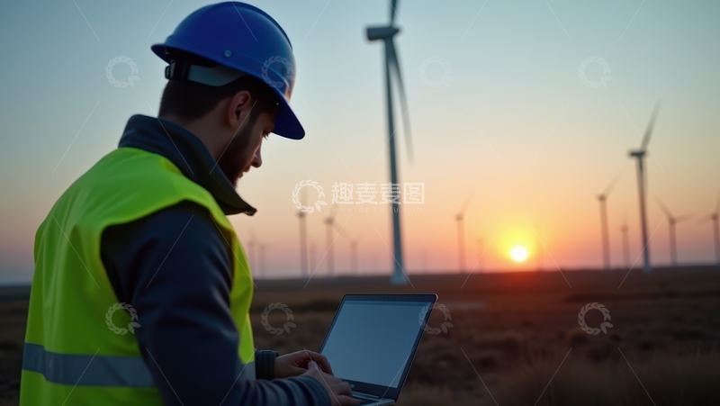 高清大图下载【趣麦麦图】黄昏风电场地工程师查看设备