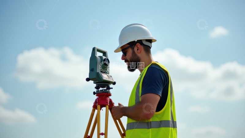 高清大图下载【趣麦麦图】工人使用全站仪进行测量作业