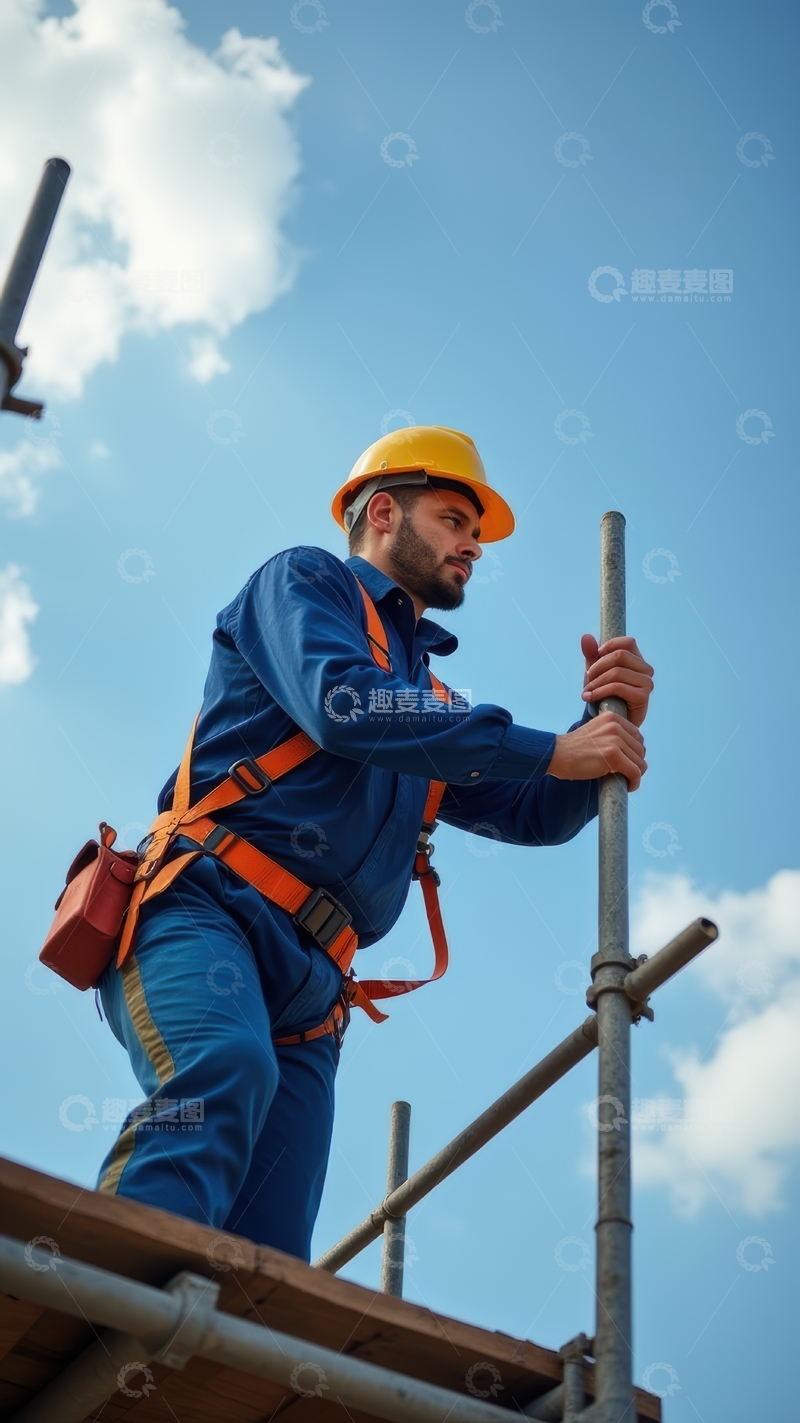 高清大图下载【趣麦麦图】蓝衣工人高空操作脚手架