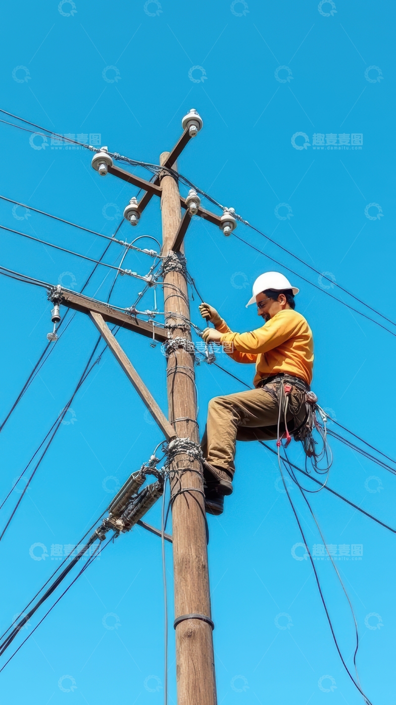 高清大图下载【趣麦麦图】工人电线杆上进行电力维护操作