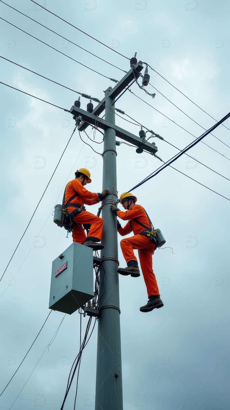 高清大图下载【趣麦麦图】两位橙衣电力工人高空作业