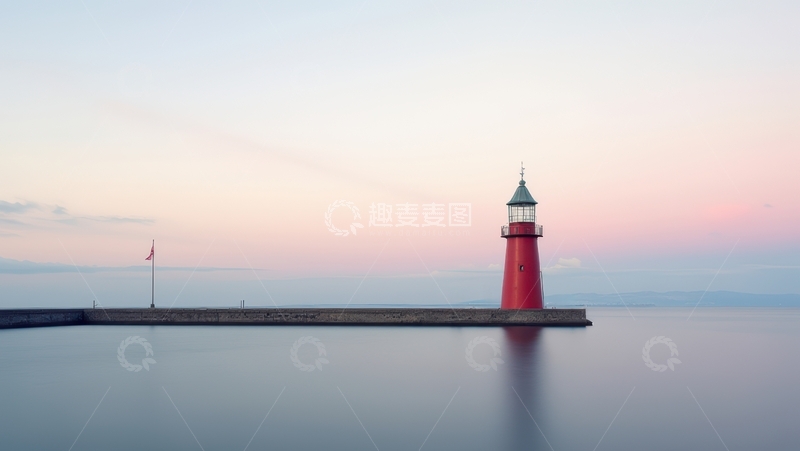 高清大图下载【趣麦麦图】黄昏粉霞中的红色孤立灯塔