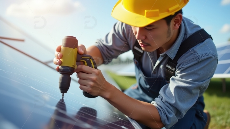 高清大图下载【趣麦麦图】黄帽工人使用电钻安装太阳能板