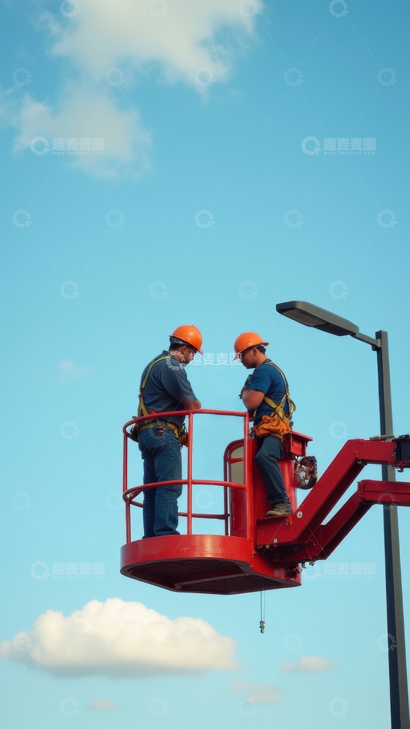 高清大图下载【趣麦麦图】两位橙帽工人在高空平台协作