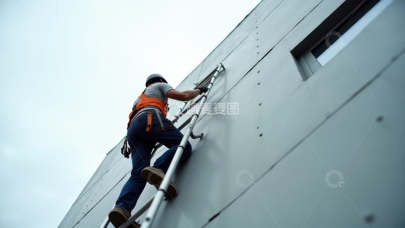 高清大图下载【趣麦麦图】工人攀爬金属建筑外墙进行作业