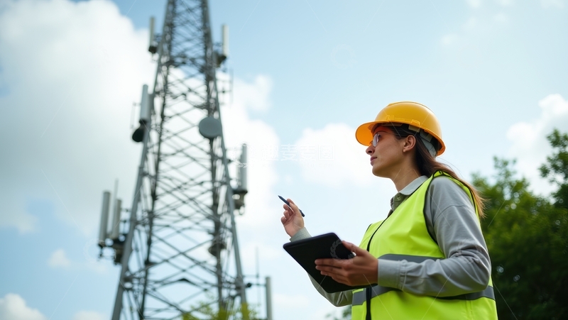 高清大图下载【趣麦麦图】女工程师户外检查通信铁塔设备