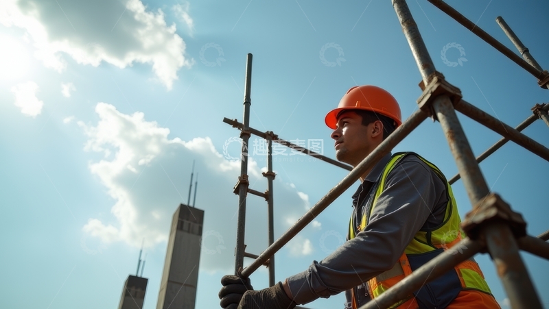 高清大图下载【趣麦麦图】橙帽工人搭建脚手架专注施工