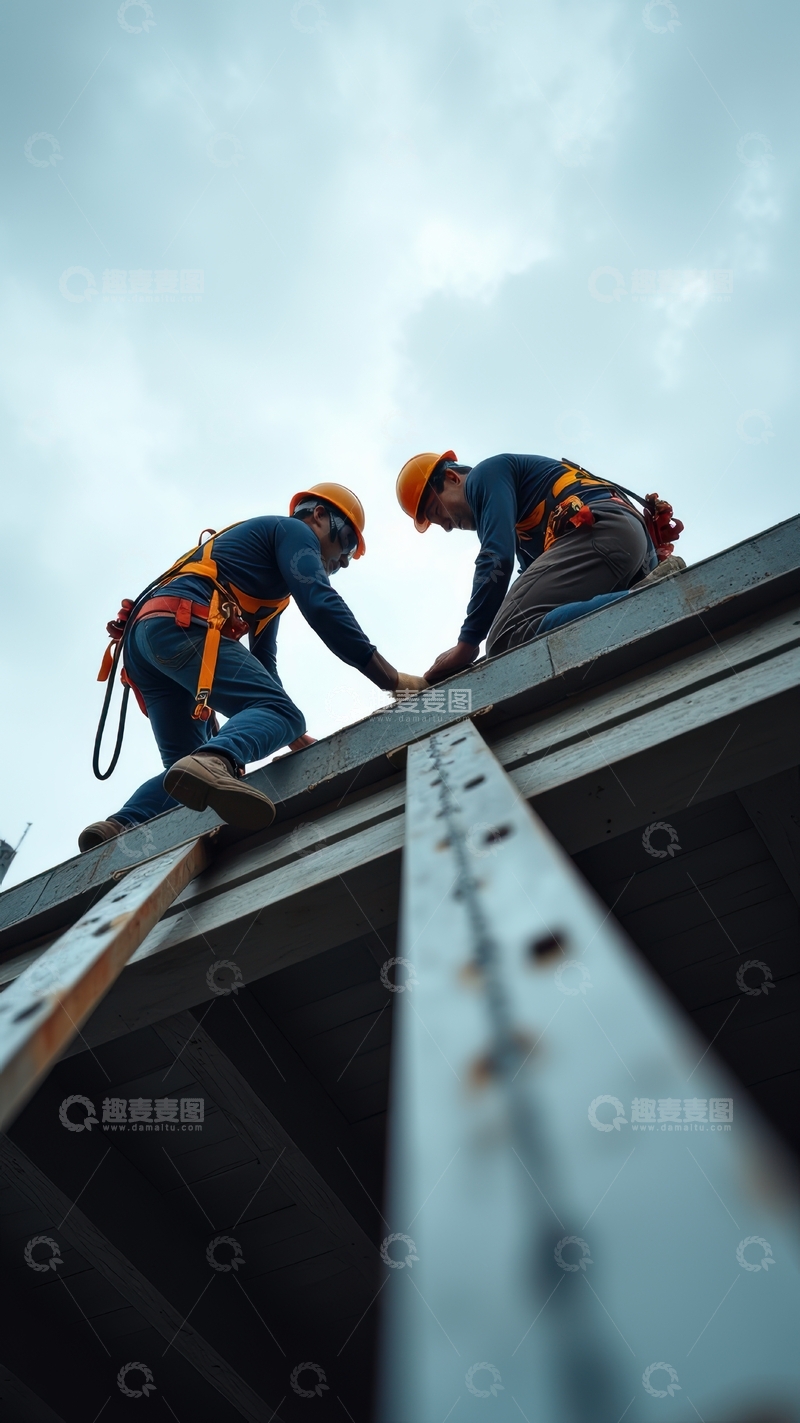 高清大图下载【趣麦麦图】两名工人屋顶配合安装设备场景