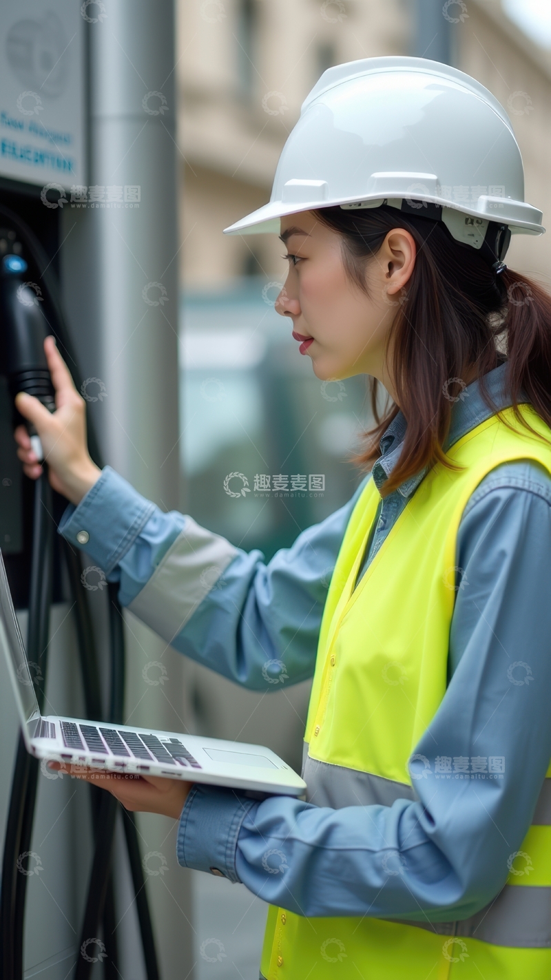 高清大图下载【趣麦麦图】女工人检查充电桩并记录数据