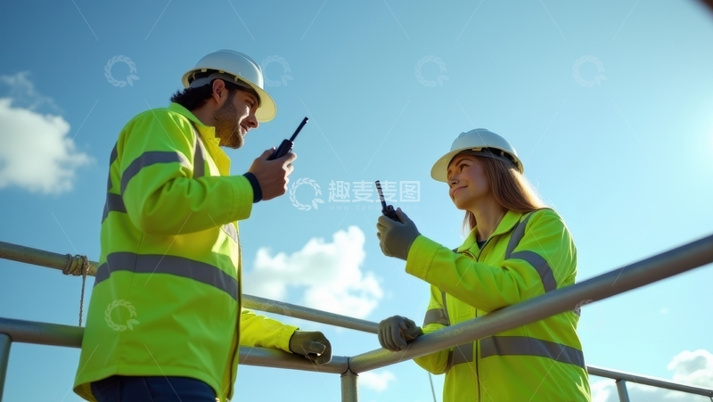 高清大图下载【趣麦麦图】两位荧光衣工人对讲机交流