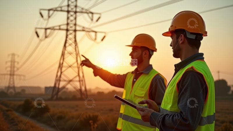 高清大图下载【趣麦麦图】夕阳下电力工人的交流场景