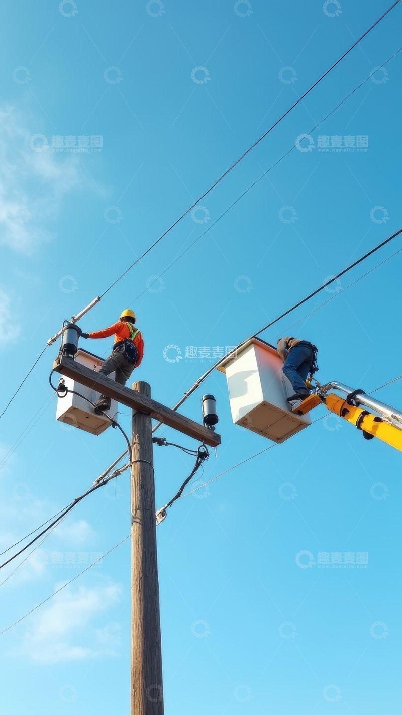 高清大图下载【趣麦麦图】电力工人高空维护输电线路