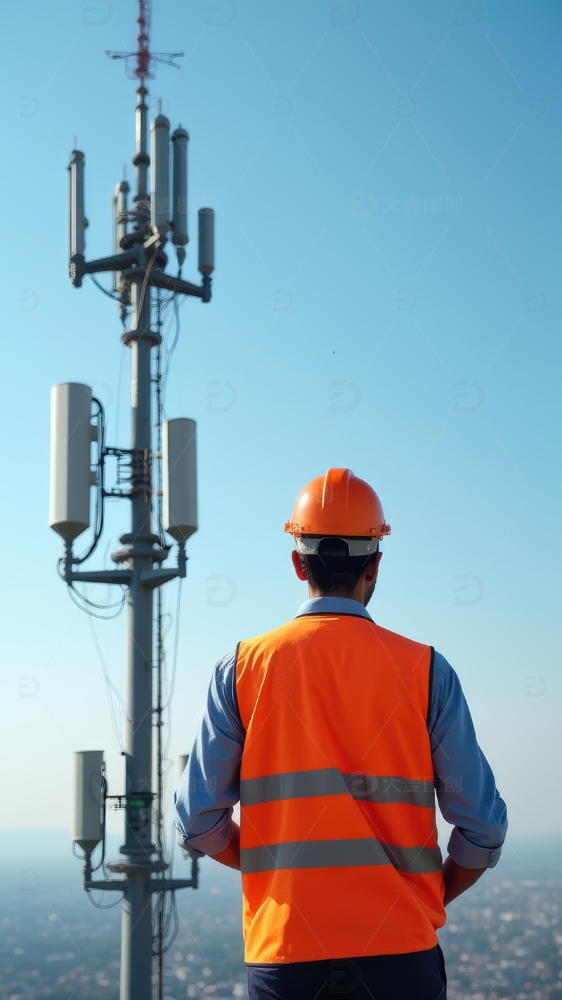 高清大图下载【趣麦麦图】橙帽工人背对通信塔进行检查