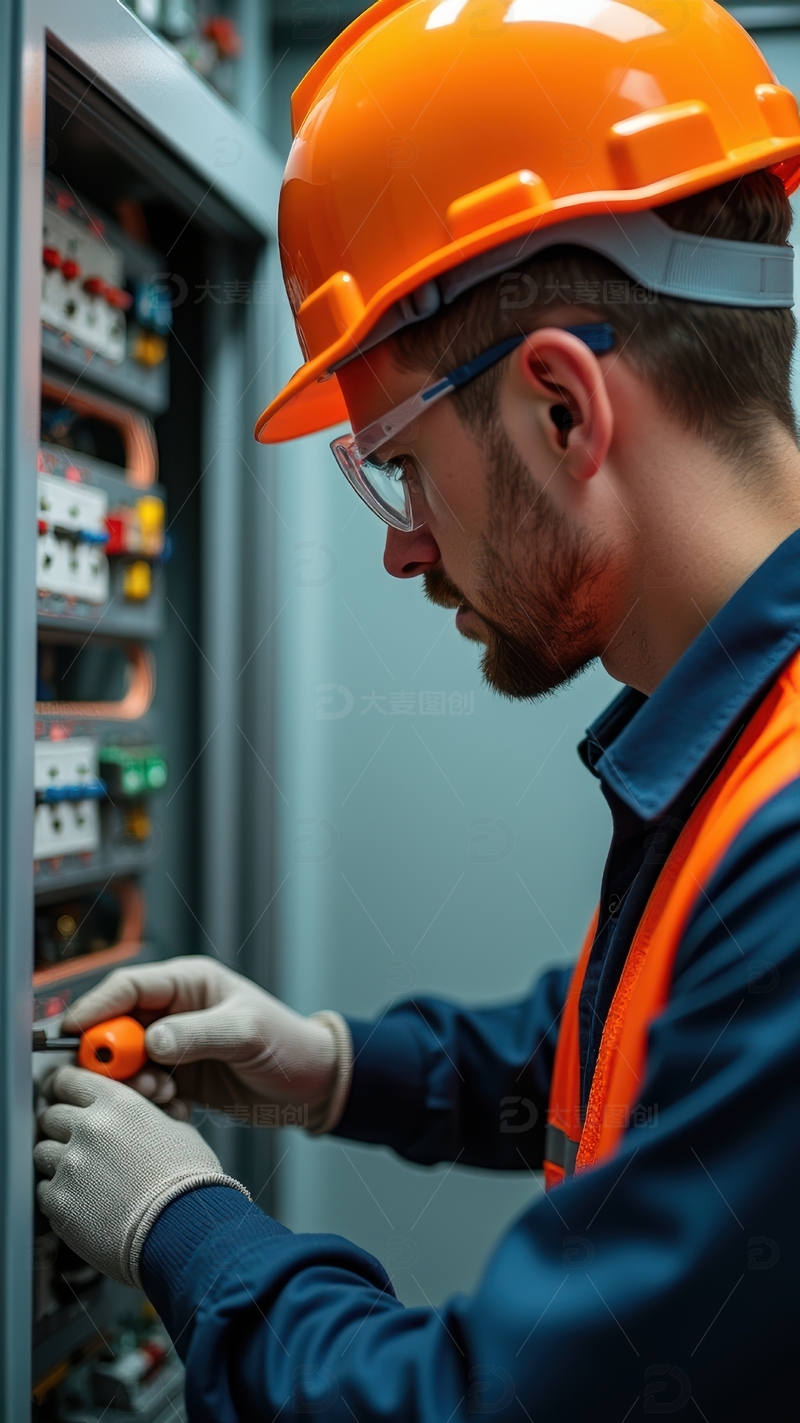 高清大图下载【趣麦麦图】工人细致操作配电箱开关部件