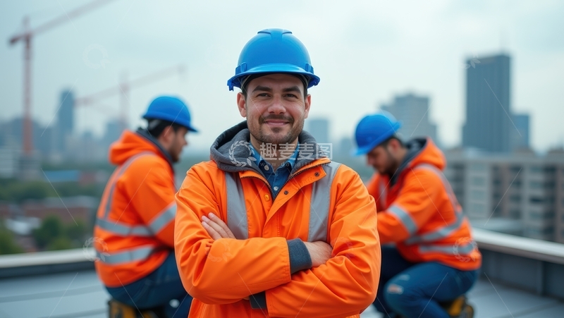 高清大图下载【趣麦麦图】屋顶上建筑工人的工作合影