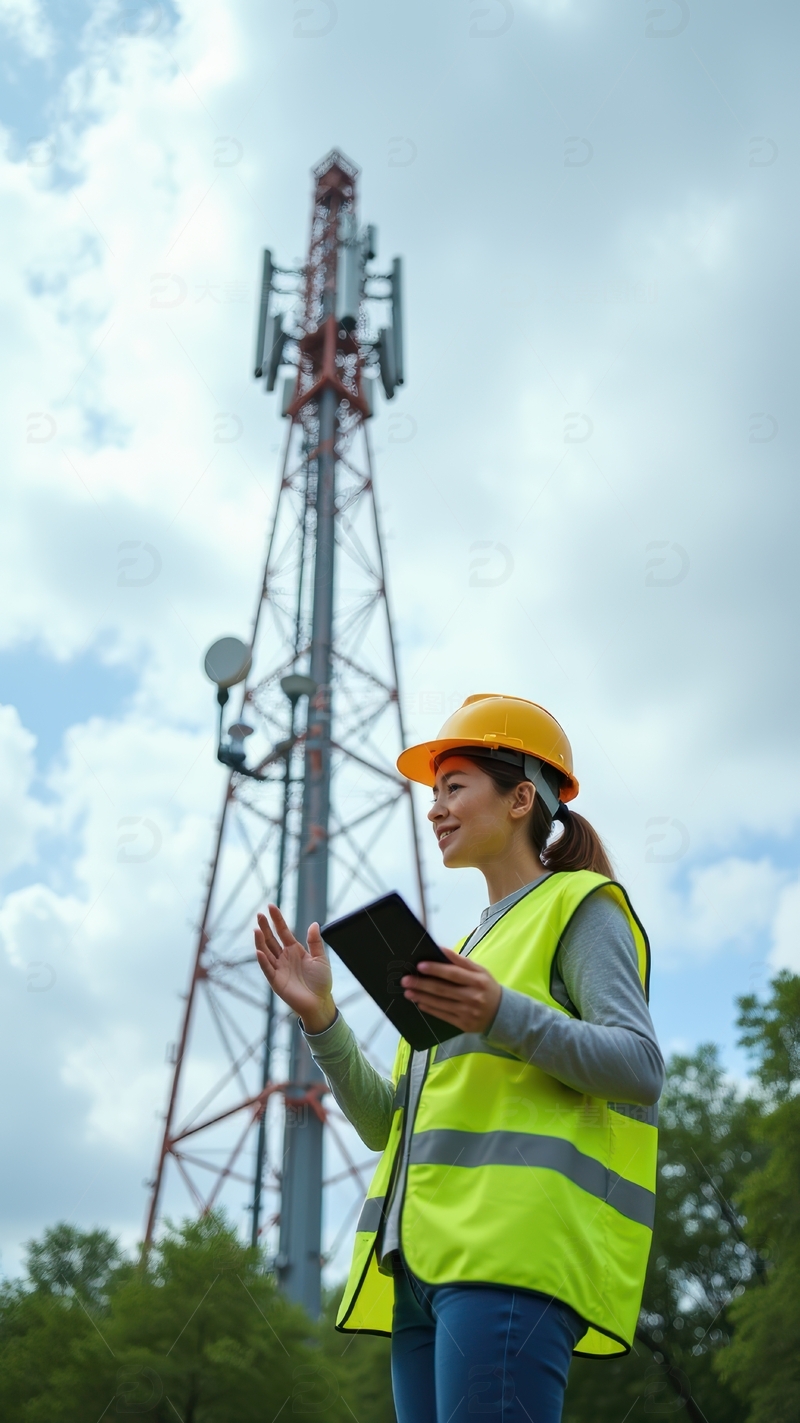 高清大图下载【趣麦麦图】女工程师记录通信铁塔相关数据