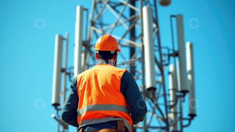 高清大图下载【趣麦麦图】工人背对镜头检查通信基站设备