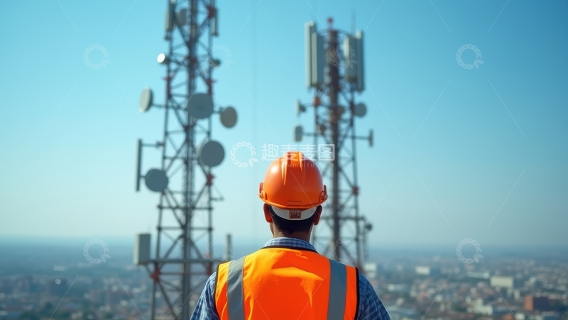 高清大图下载【趣麦麦图】橙帽工人背对通信塔俯瞰城市