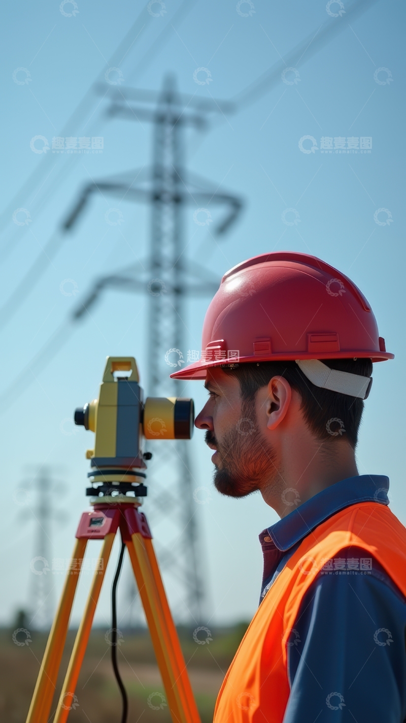 高清大图下载【趣麦麦图】红帽工人操作全站仪专注测量场景