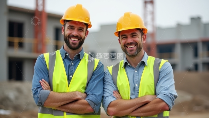 高清大图下载【趣麦麦图】工地前两位黄背心工人的留影