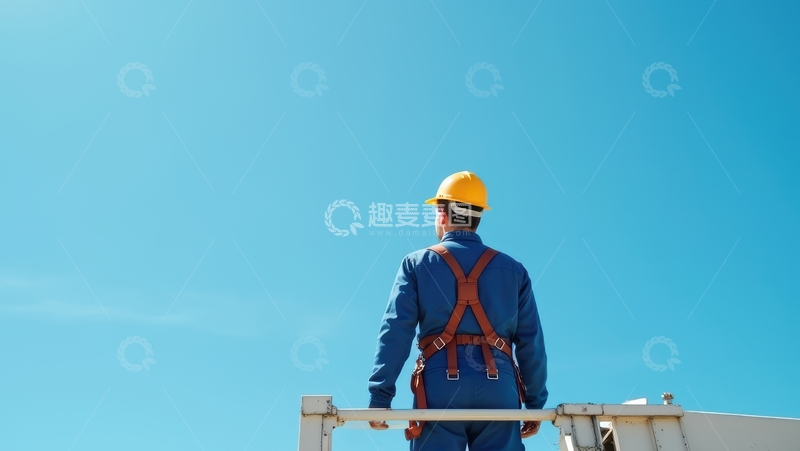 高清大图下载【趣麦麦图】工人于高空平台准备铁塔作业