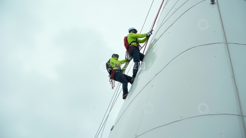 高清大图下载【趣麦麦图】两名工人攀爬白色罐体进行作业
