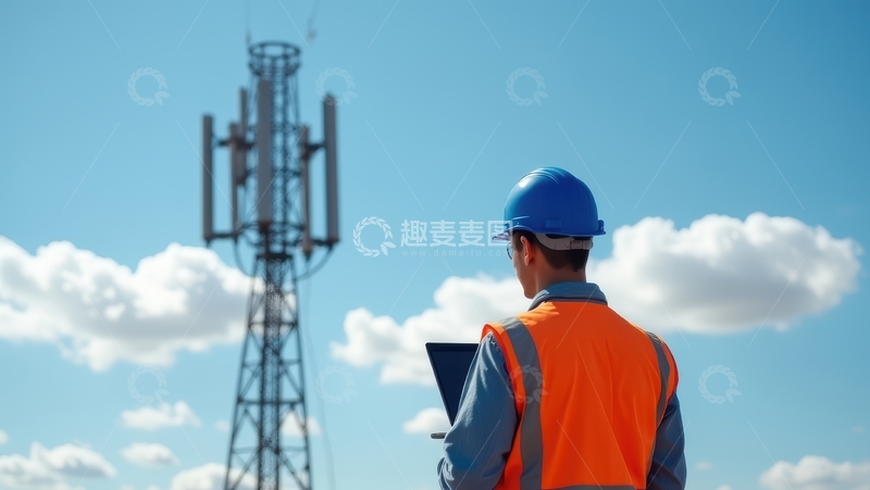 高清大图下载【趣麦麦图】蓝帽工人背对镜头查看通信塔数据
