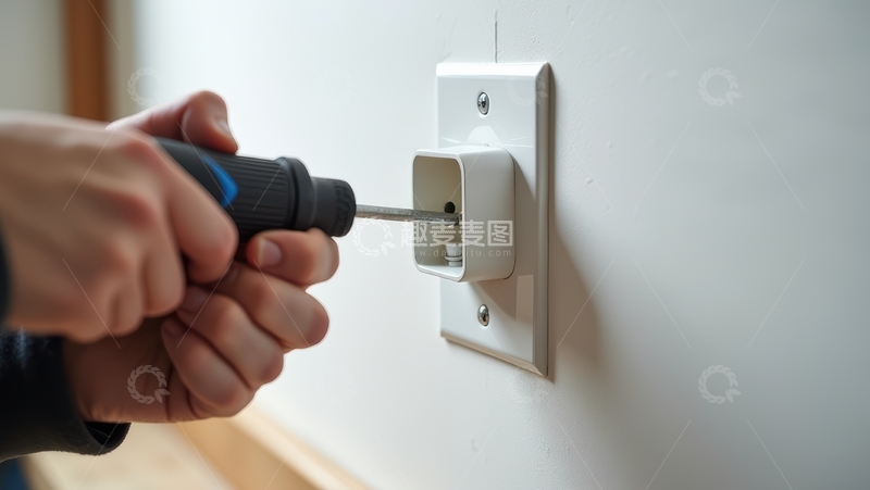 高清大图下载【趣麦麦图】电工安装室内电源插座的工作照