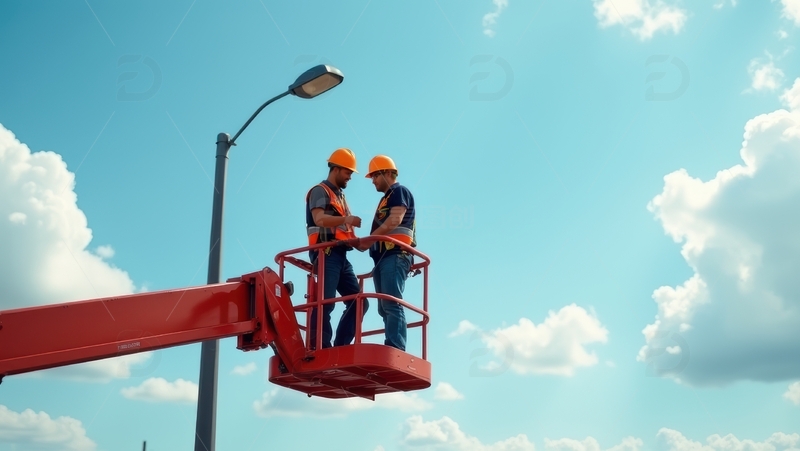 高清大图下载【趣麦麦图】两位橙帽工人于高空作业平台交流
