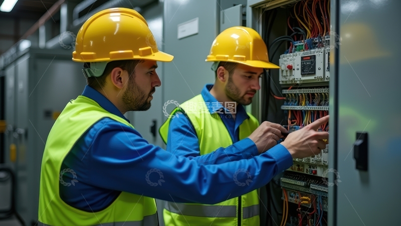 高清大图下载【趣麦麦图】电气作业中两位工人的专业协作场景