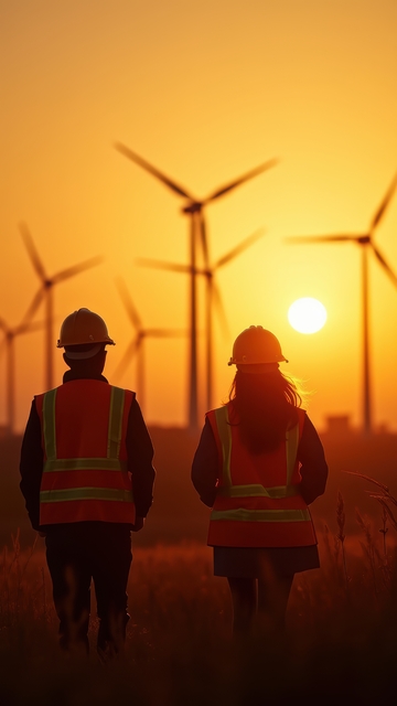 日落时风电工人的背影与风车