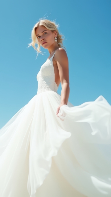 蓝天白鸽下婚纱女士的浪漫瞬间