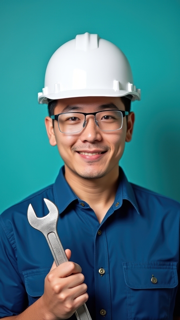 蓝工装白帽工人手持扳手微笑