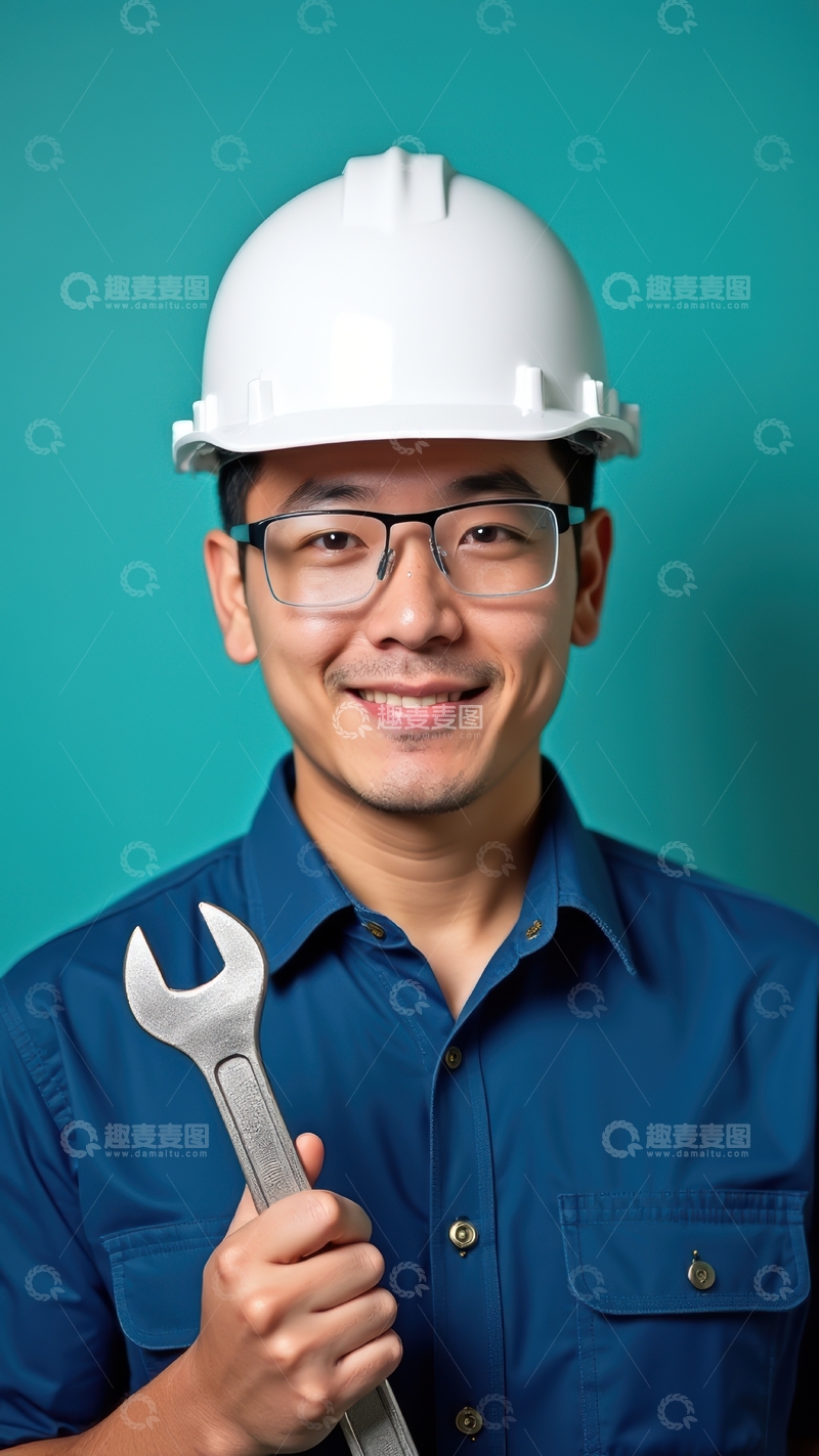 高清大图下载【趣麦麦图】蓝工装白帽工人手持扳手微笑