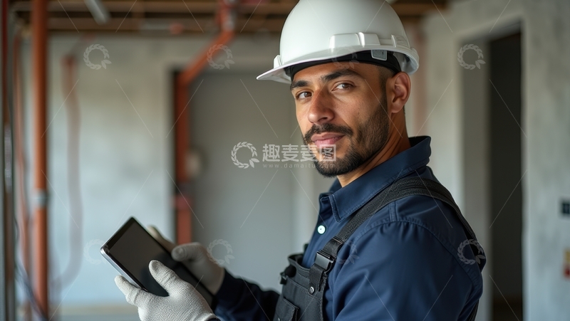 高清大图下载【趣麦麦图】工人在室内手持平板检查记录