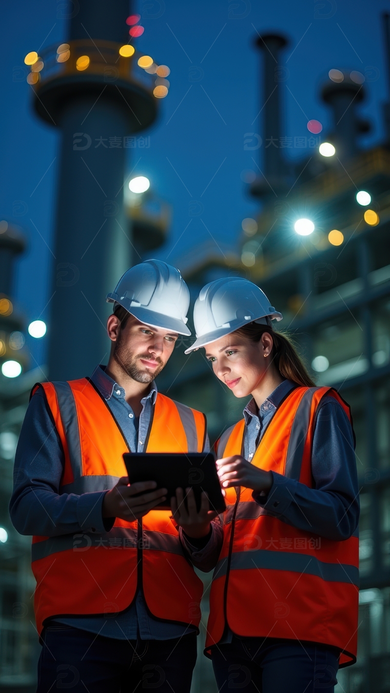 高清大图下载【趣麦麦图】夜间两位工人查看平板数据