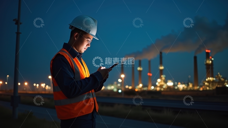 高清大图下载【趣麦麦图】橙背心白帽工人夜间查看平板