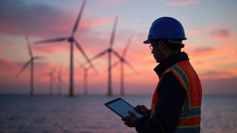 高清大图下载【趣麦麦图】海边黄昏风电工人查看平板