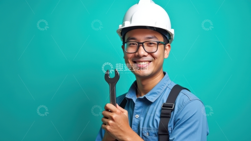 高清大图下载【趣麦麦图】蓝工装白帽工人手持扳手展示